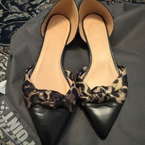 J. Crew Black and Tan Flats with Leopard Bow